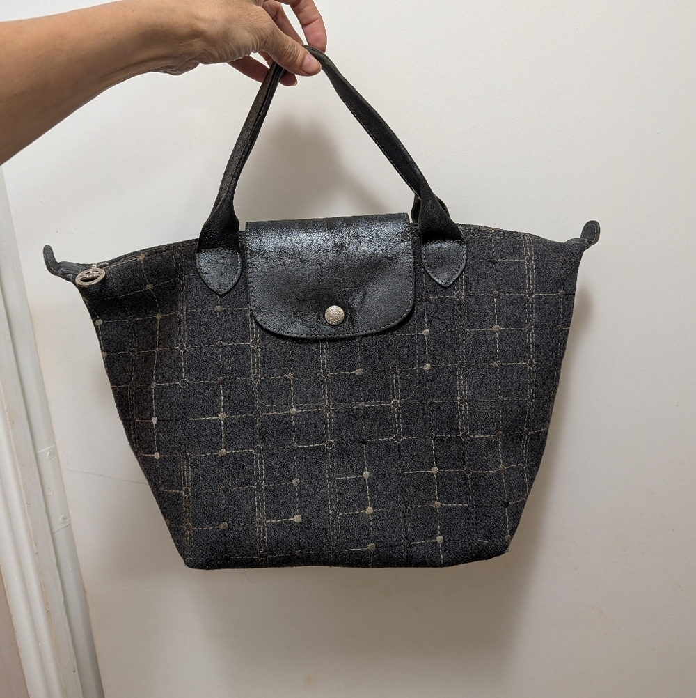 Longchamp Le Pliage dark grey wool tweed flannel tote Bag